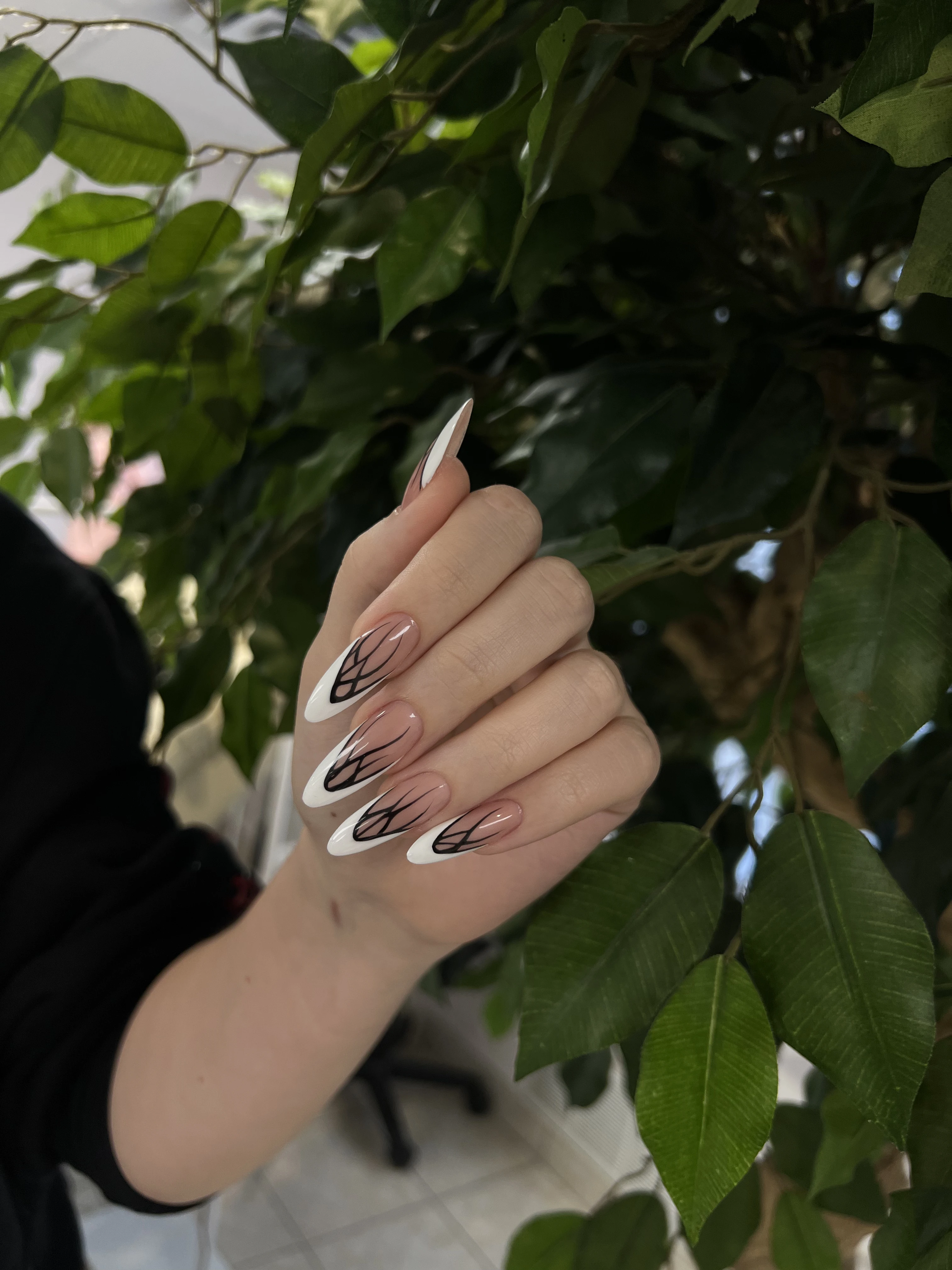 Gel-X extensions at My Beauty Space: long almond French tips with black curved line art, posed before green foliage.
